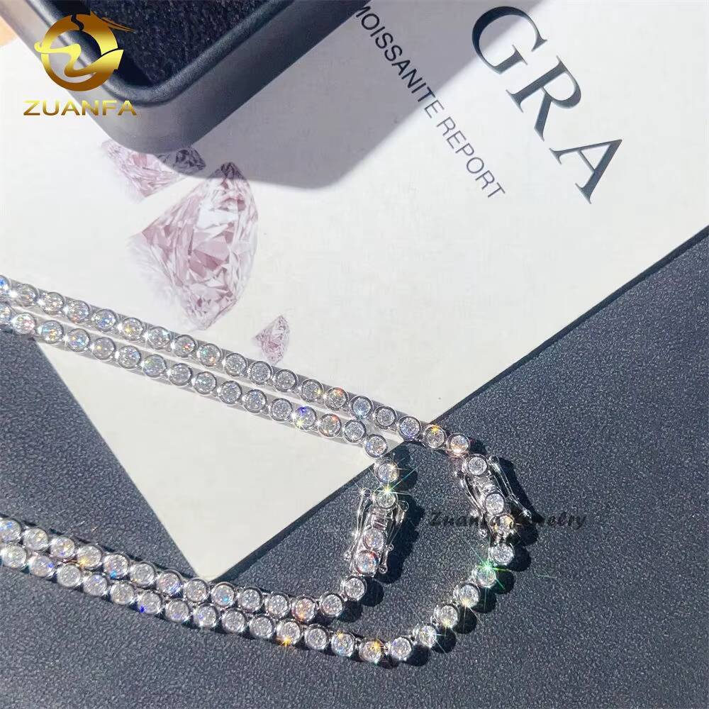 New Round Design 3mm Necklace Hip Hop 925 Sterling Silver Moissanite Bracelet Tennis Chain