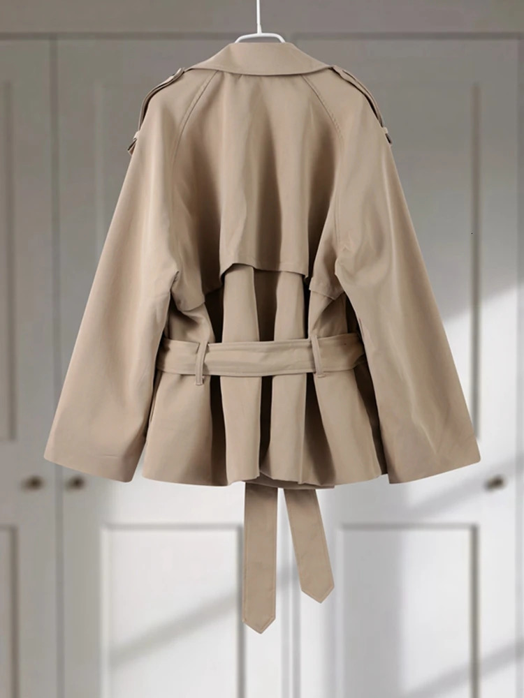 Casual Loose Jackets Women Lapel Long Sleeves Belt Double Breasted Short Windbreaker Spring Fashion Chic Streetwears Lady 250815