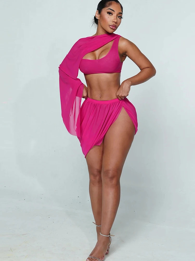 Weird Puss Y2K Sexy 2 Piece Set Women See Through Midnight Irregular Full Sleeve Crop TopsRuched Split Skirts Matching Clubwear 250906