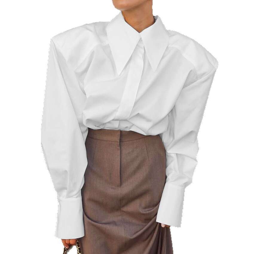 Autumn Winter New High-End Wide Shoulder Long Sleeve Women's Shirt Design Sense Elegant Fashion Simple Commuting B5