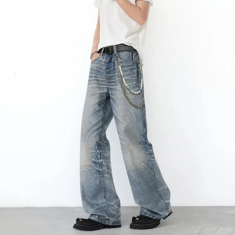 Autumn Men Baggy Jeans Oversize Straight Loose Casual Denim Trousers Solid Color Streetwear Fashion Y2k Wide Leg Elastic Pants 250906