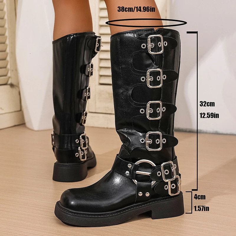 Vintage Woman Western Cowgirl Boot Fashion Belt Buckle Long Booties Autumn Winter Suqare Low Heel Girl Shoes 250905