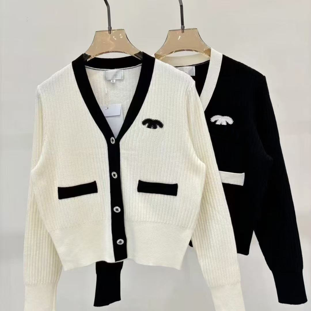 Designer knit cardigan jacket for women's luxury clothing, Autumn long sleeve cardigan, black V-neck spliced women's jacket top