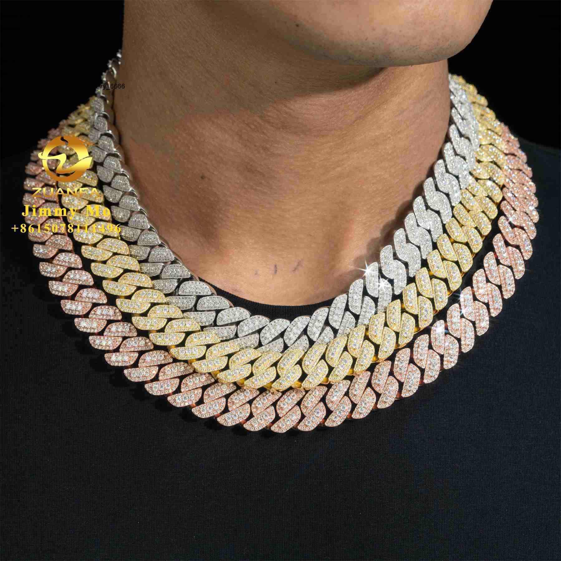 Bulk Stock Popular Pass Diamond Tester 925 Solid Silver 15mm Two Rows Iced Out Hip Hop VVS1 Moissanite Diamond Cuban Link Chain