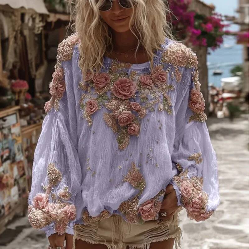 2025 New Autumn Light colored Long sleeved Ethnic Women's Shirt Retro D Printed Fashion Shirt Elegant Round Neck Loose Top design Designer Hoodie