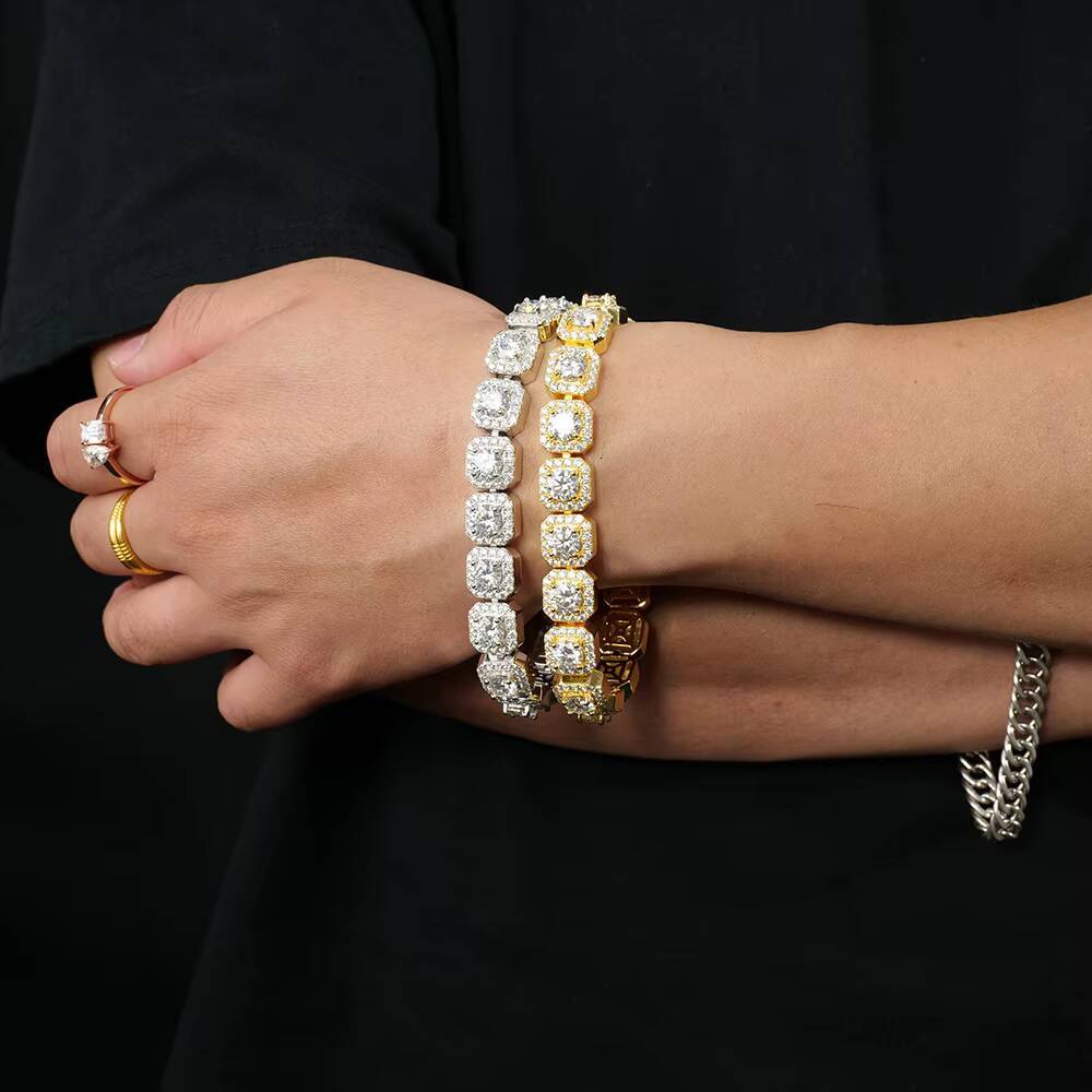 Xingyuegem New Fine Jewelry Hip Hop Big Diamond Moissanite square Shape Clustered Cuban Tennis Chain Bracelet Bangle 925 Silver