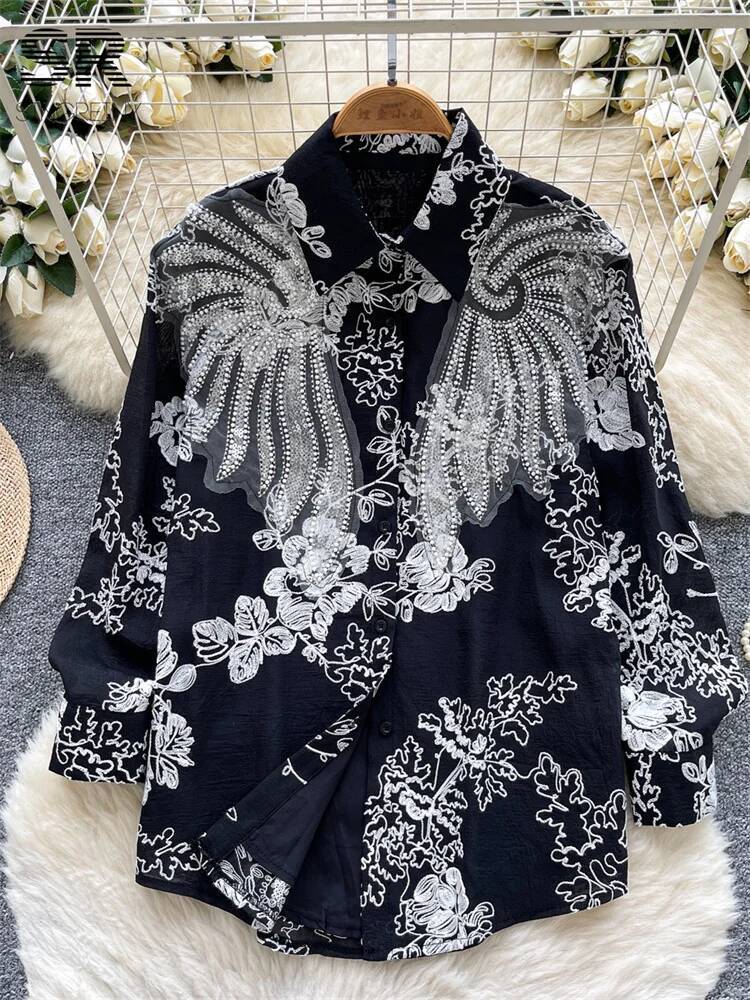 2025 new luxury sequin embroidered shirt autumn women's design bead design long sleeved single breasted French women's designer loose shirt