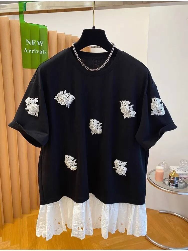 2025 new plus size design Pou design bead Ort Sve T Irt women's summer loose fit lace designer patchwork Korean style sled top