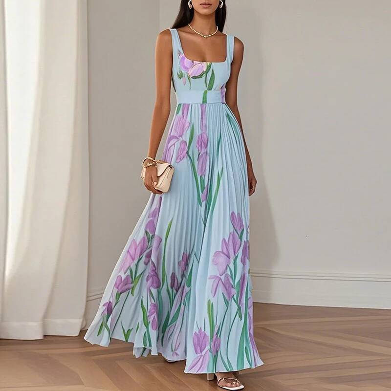 2025 New Women's S Sleeveless Strap Summer Dress Elegant Printed Folded Long Dress Spring Square Neck High design Waist Party Dress Designer Clot