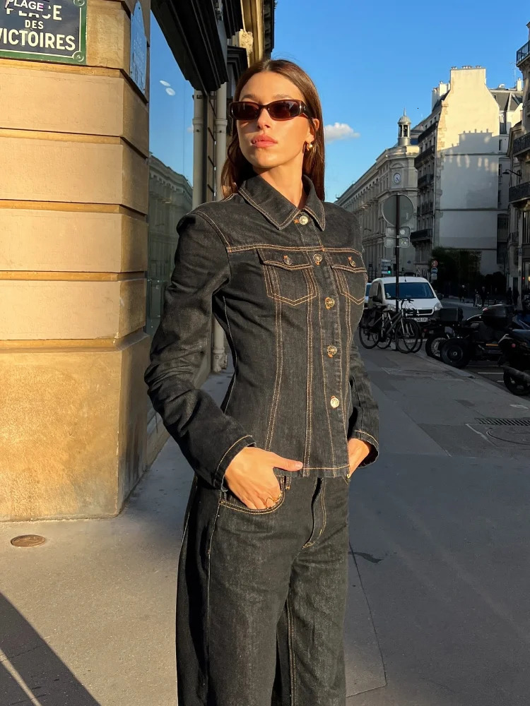 Denim Jacket Coat Jeans Sets Women Single Breasted Lapel Long Sleeve Top Straight Pants Suits 2025 Spring Vintage Street Commute 250906 C260312