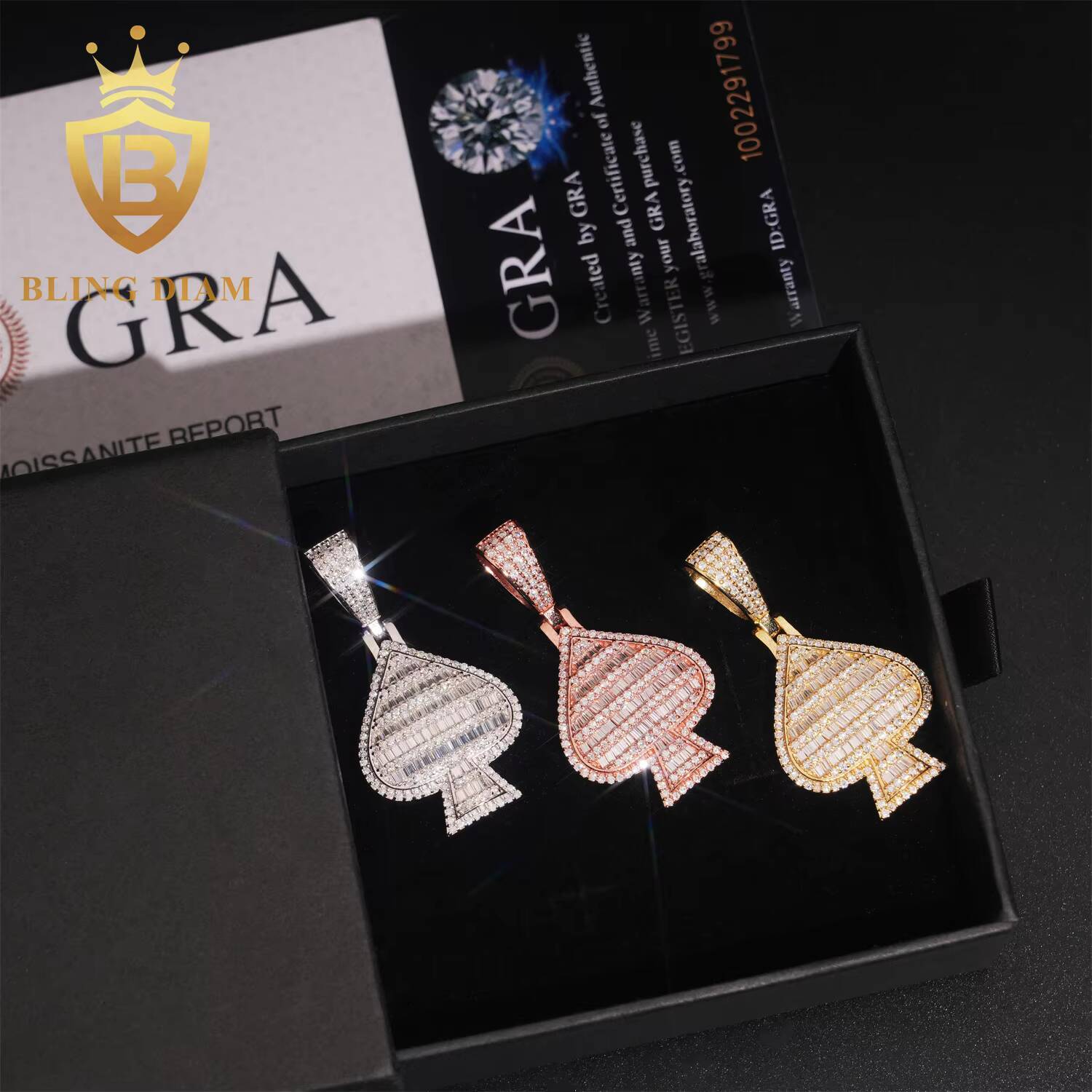 GRA Certified Spade Shape Pendant Hip Hop Jewelry 925 Silver Moissanite Diamond Charm Pendant Pass Diamond Tester