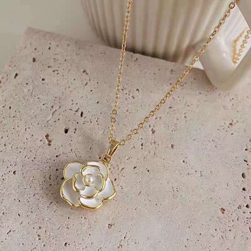 DHpet Camellia Necklace for Women Spring Summer 2023 New Pearl Pendant Style Clavicle Light Niche Sweater Chain