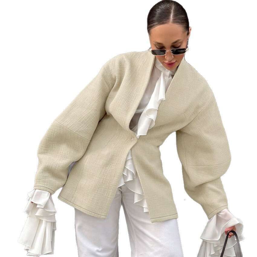 Autumn Winter New Versatile Bamboo Texture Waist-Cinching Long Sleeve Jacket Women With Design Sense And Casual Style For Commuting In B3