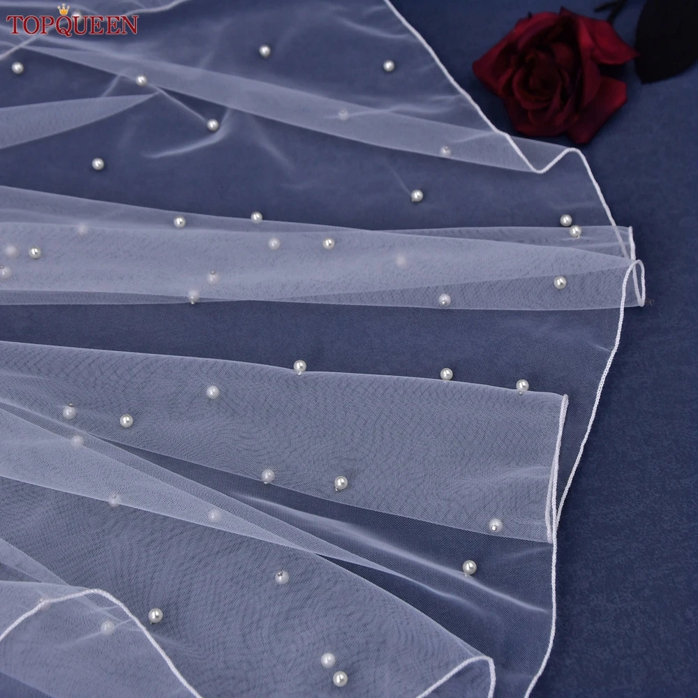 TOPQUEEN Short Bridal Veils Pearls Beaded Wedding Veil For Bachelorette Party Pencil Edge Elbow Length Veil 1 Tier Novio V06 250923