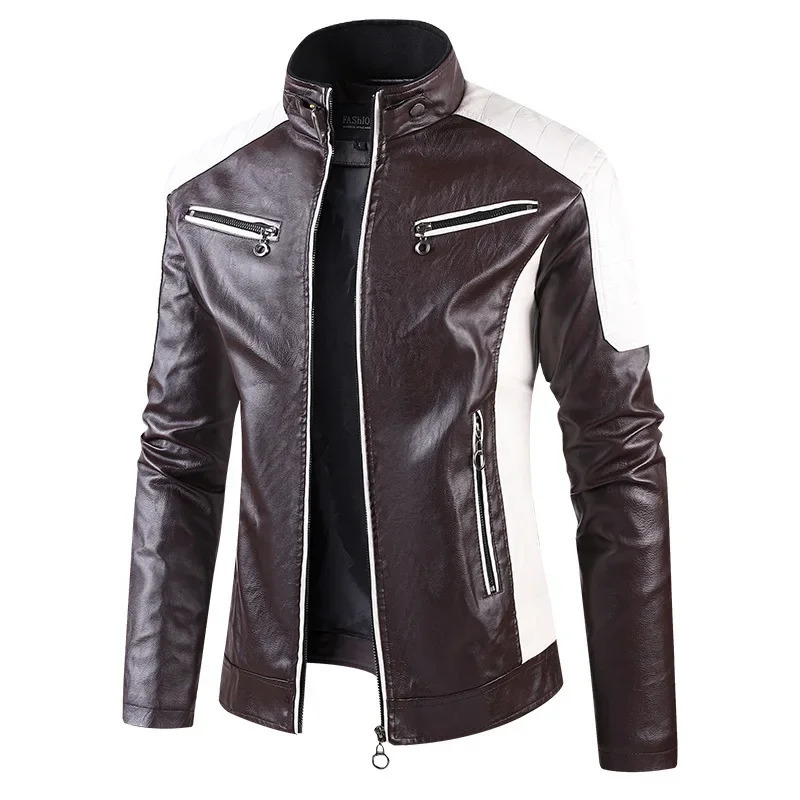 2025 Color Blocked Stand Up Collar PU Leather Motorcycle Bike Jackets for Menmulticolor Spring Autumn Thin Casual PU Coat 250905