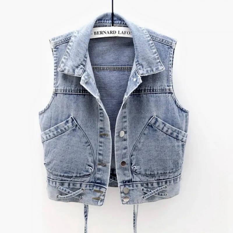 Denim Vest Summer Thin Top Womens Slimming Jacket Versatile AgeReducing Belt Large Pocket Jacket For MiddleAged Peop 250906