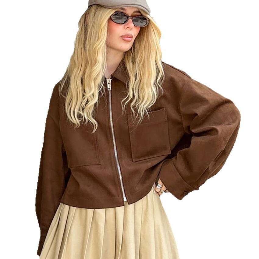 Autumn Winter New Style Turn-Down Collar Zipper Suede Brown Jacket Coat Design Sense Elegant Fashion Commuting B3