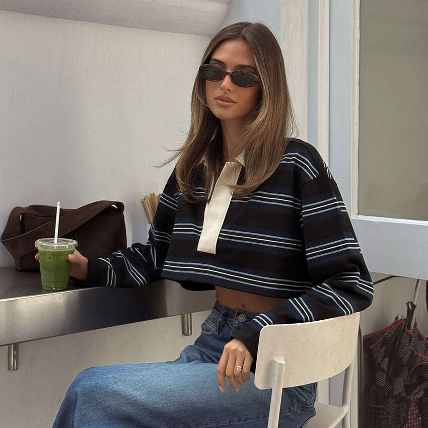 Autumn Winter New Loose Polo Collar Striped Short Women's T-Shirt Design Sense Elegant Fashion Commuting B3