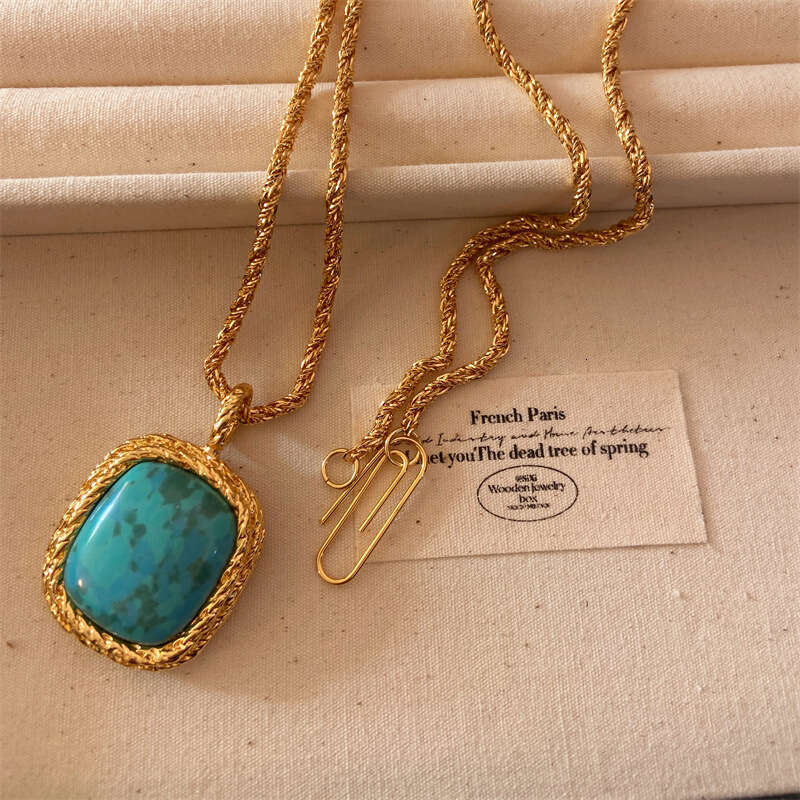 DHpet Square Large Turquoise Pendant Long Necklace for Women, Light , Niche, High-End Feel, Vintage Style Sweater Chain