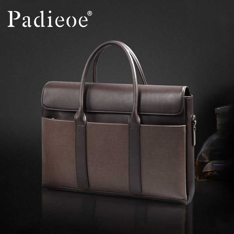 PADIEOE leather briefcase leather 16inch computer bag business mens handbag large capacity file bag Z250906