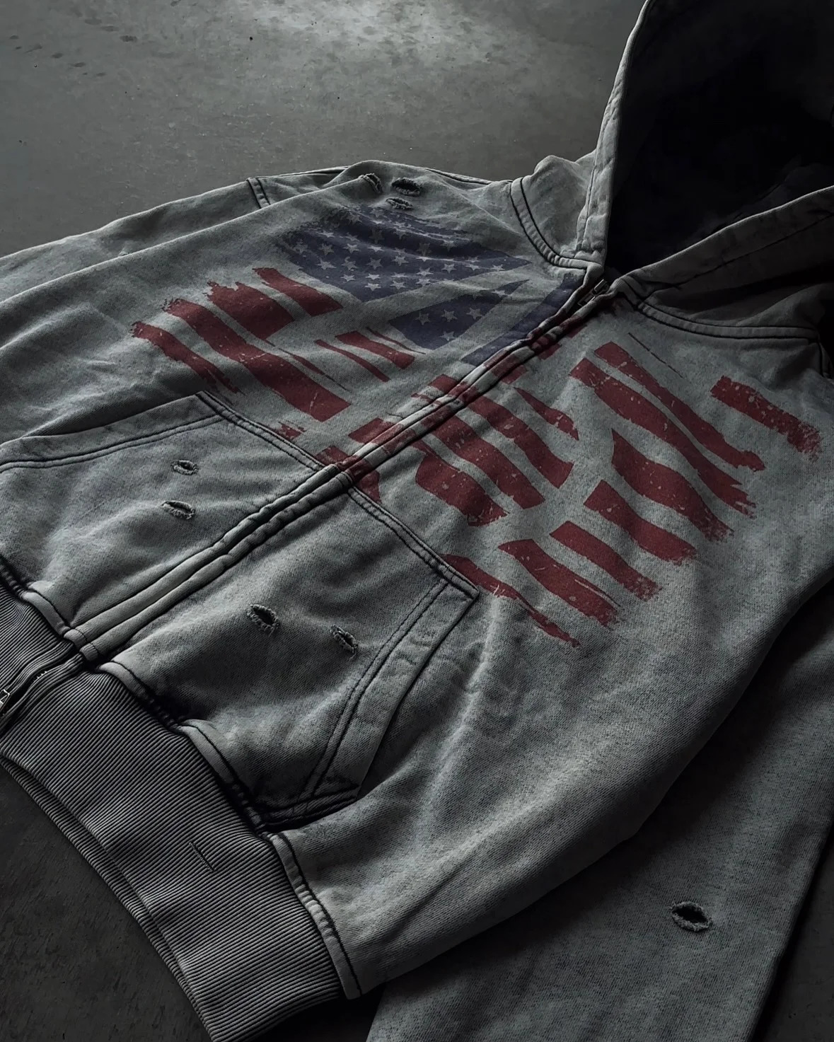 Retro American Flag Pattern Zip Up Hoodie for Men Hip Hop Harajuku Break Hole Loose Hoodies Y2k Streetwear Sweatshirt 250815