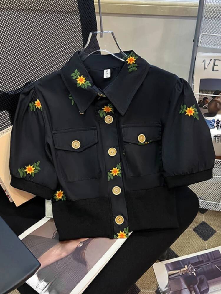 2025 New design French Elegant Shirt with Fluffy Sleeves, Embroidered Single breasted Open Umbilical Top, Aesthetic Design for Summer Women's S C