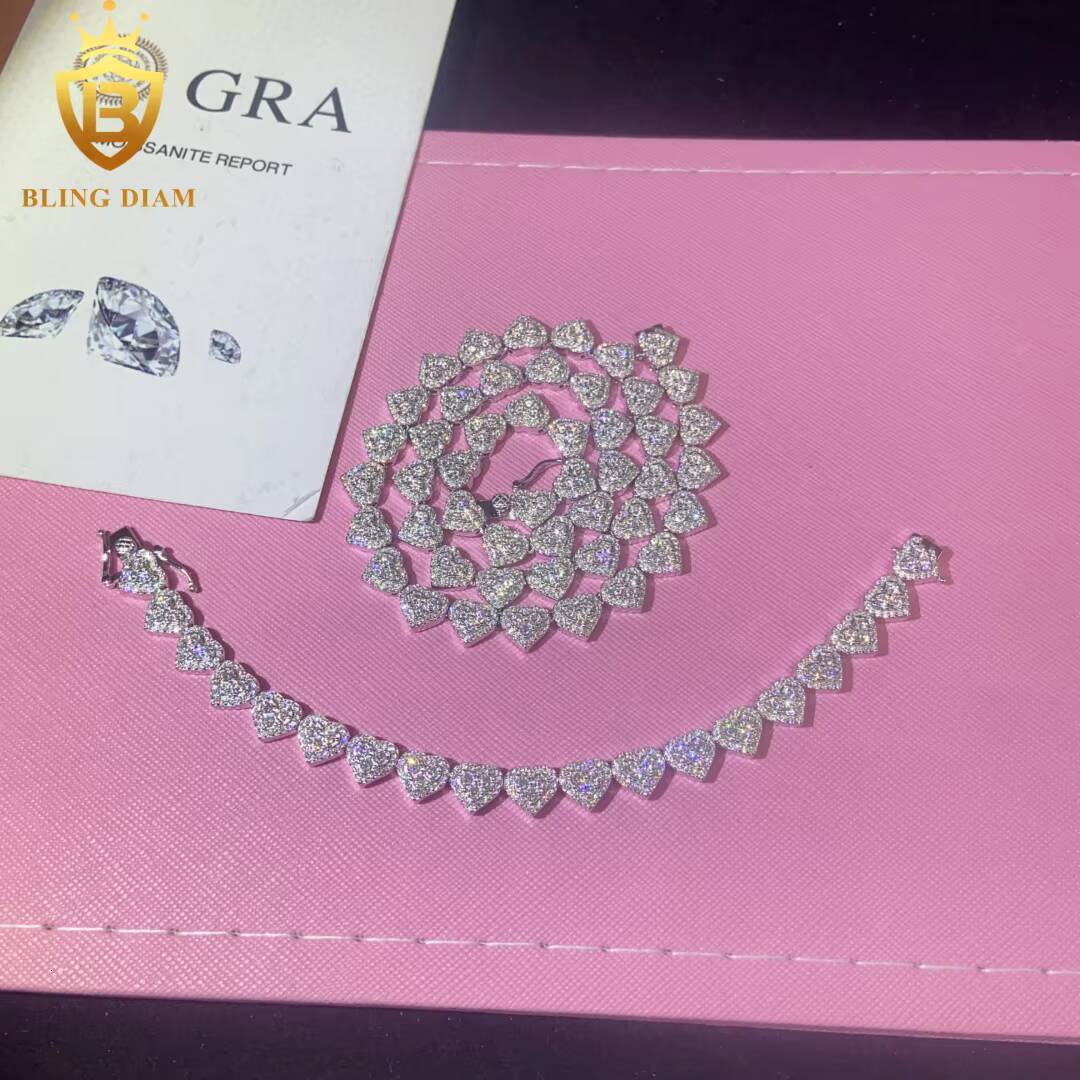Love Heart Necklace Bracelet 925 Sterling Silver Chain Moissanite Cuban Bracelet Men Women Hip Hop Style Pass Diamond Tester