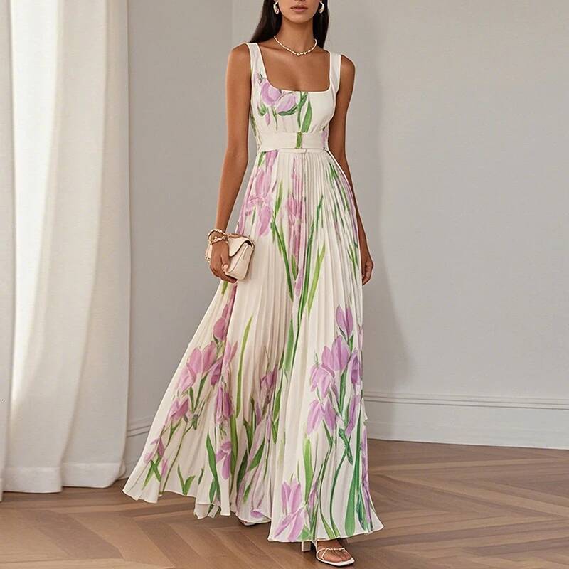 2025 New Women's S Sleeveless Strap Summer Dress Elegant Printed Folded Long Dress Spring Square Neck High design Waist Party Dress Designer Clot