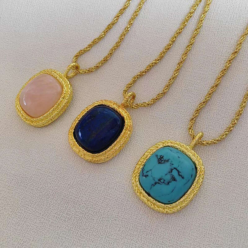 DHpet Vintage Style Aurelie Bidermann Square Pendant Inlaid with Blue Turquoise Lapis Lazuli Pink Crystal Sweater Chain