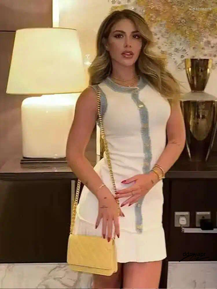 Mini dress women's round neck sleeveless single breasted fashionable vest casual dress women's elegant pleated patchwork knit Ddmydec