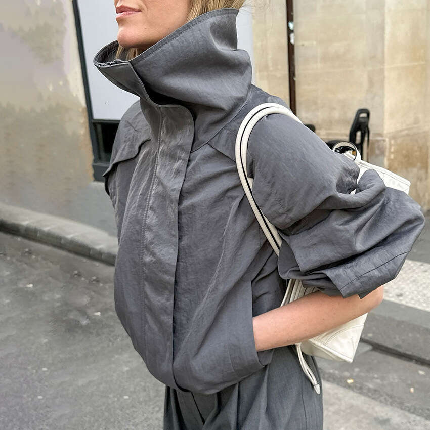 Autumn Winter New American Style Gray High Trench Coat Women Outdoor Jacket Stand Collar Windbreaker B3