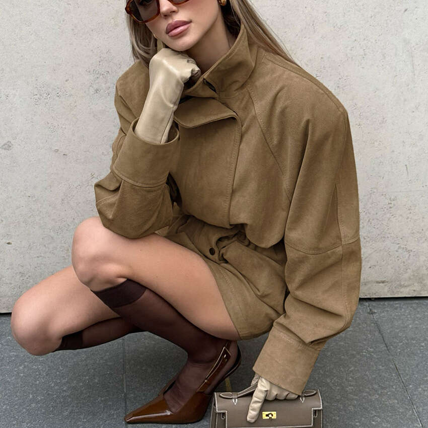 Winter New Loose High Collar Waist-Cinching Suede Mid-Length Jacket Coat With Design Sense And Fashionable Temperament B3