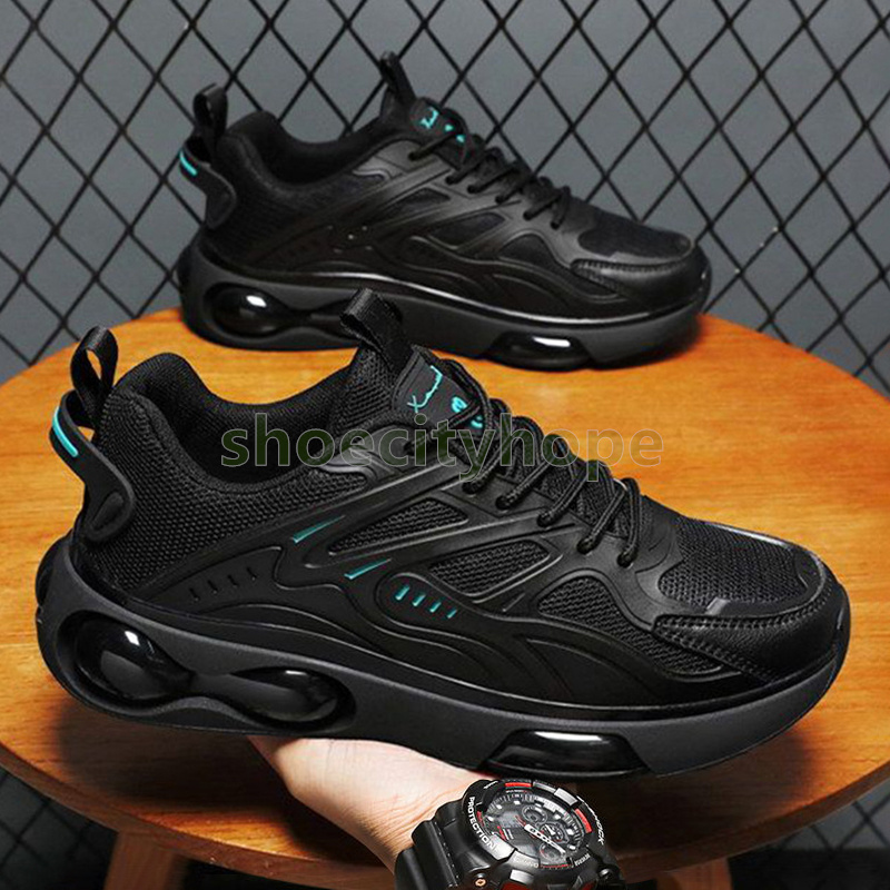 Black trend mens trainers Versatile running shoes Comfortable Durable Thick-sole cushioning Mesh breathable sneakers Size 39-44