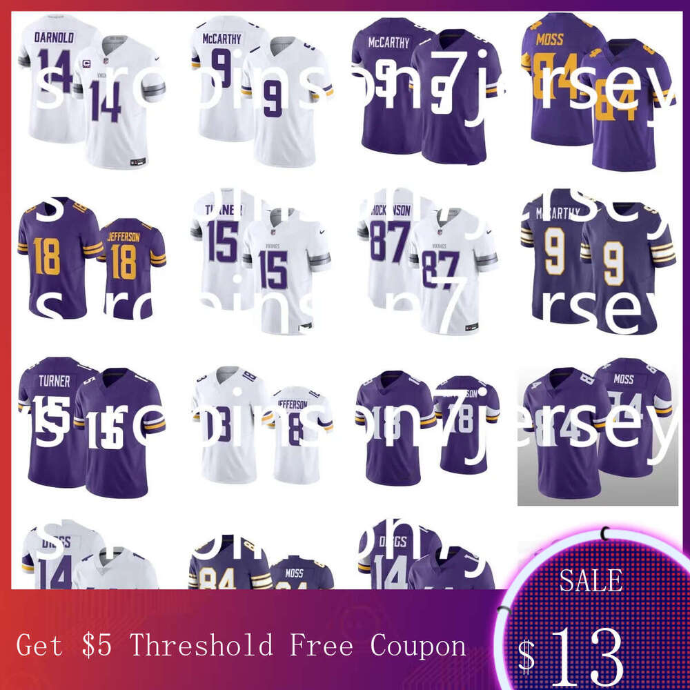 Vikings Jerseys Randy Moss Sam Darnold Aaron Jones Justin Jefferson Jalen Nailor Addison J.J. McCarthy T.J. Hockenson Turner Harrison Smith ANDREW VAN Football