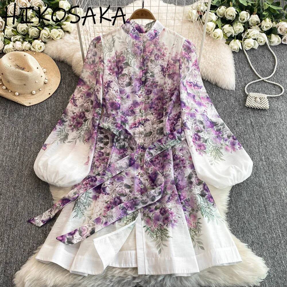 design 2025 New Chinese Women's Dress Spring and Autumn New Fashion Printed Lantern Sleeve Robe Slimming Stand Collar Designer Tank Top