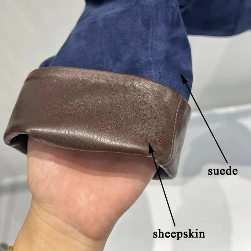 European Imported Suede Jacket Women Autumn Winter ed Contrasting Leather Coat Navy Blue Short Locomotive Casacos 250815