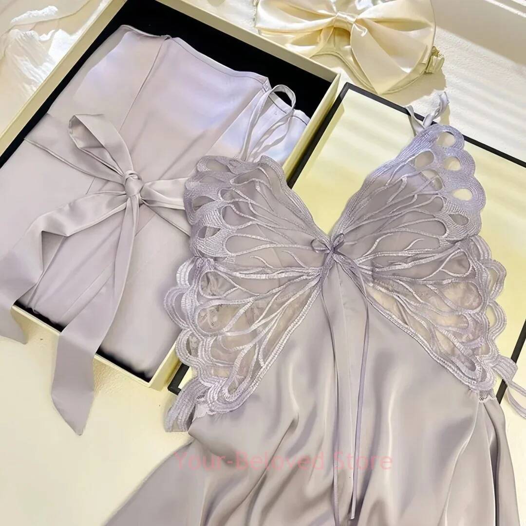 2025 new purple butterfly pajamas sexy backless pajamas design women's underwear kimono bathrobe set silk artificial silk designer pajamas