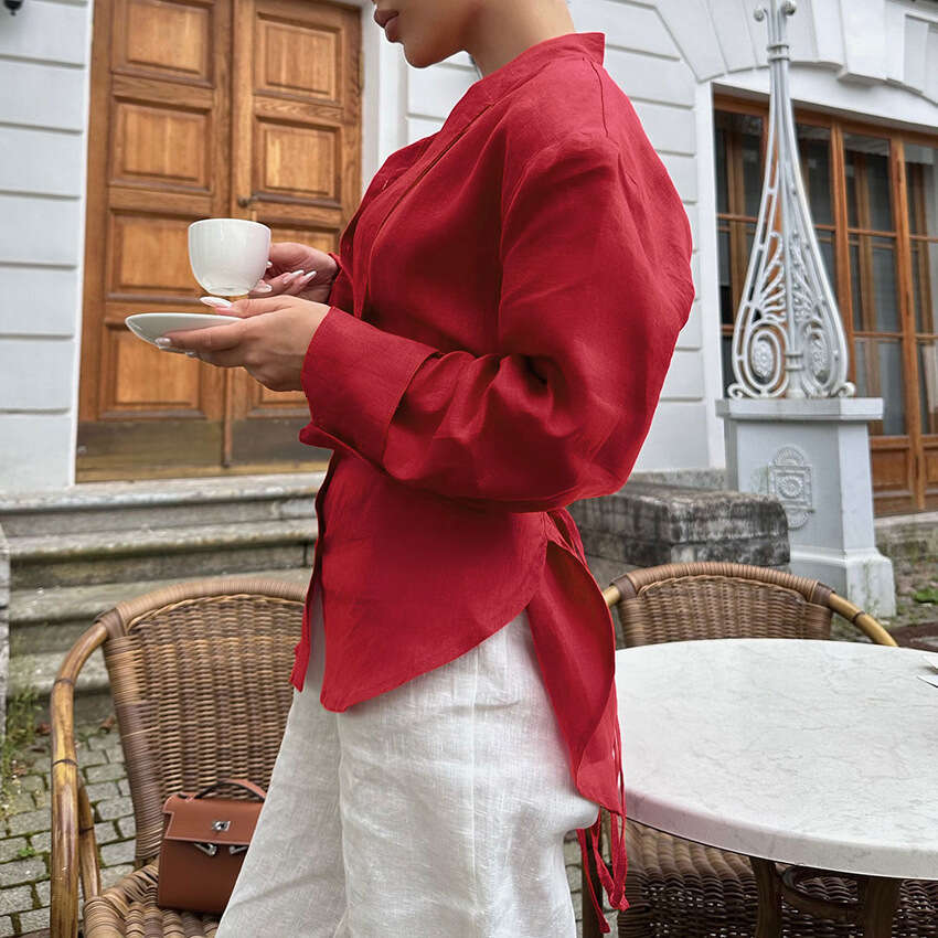 Autumn Winter New Lace-Up Waist-Cinching Cotton Linen Ribbon Shirt Women With Design Sense, Elegant And Fashionable For Commuting B3