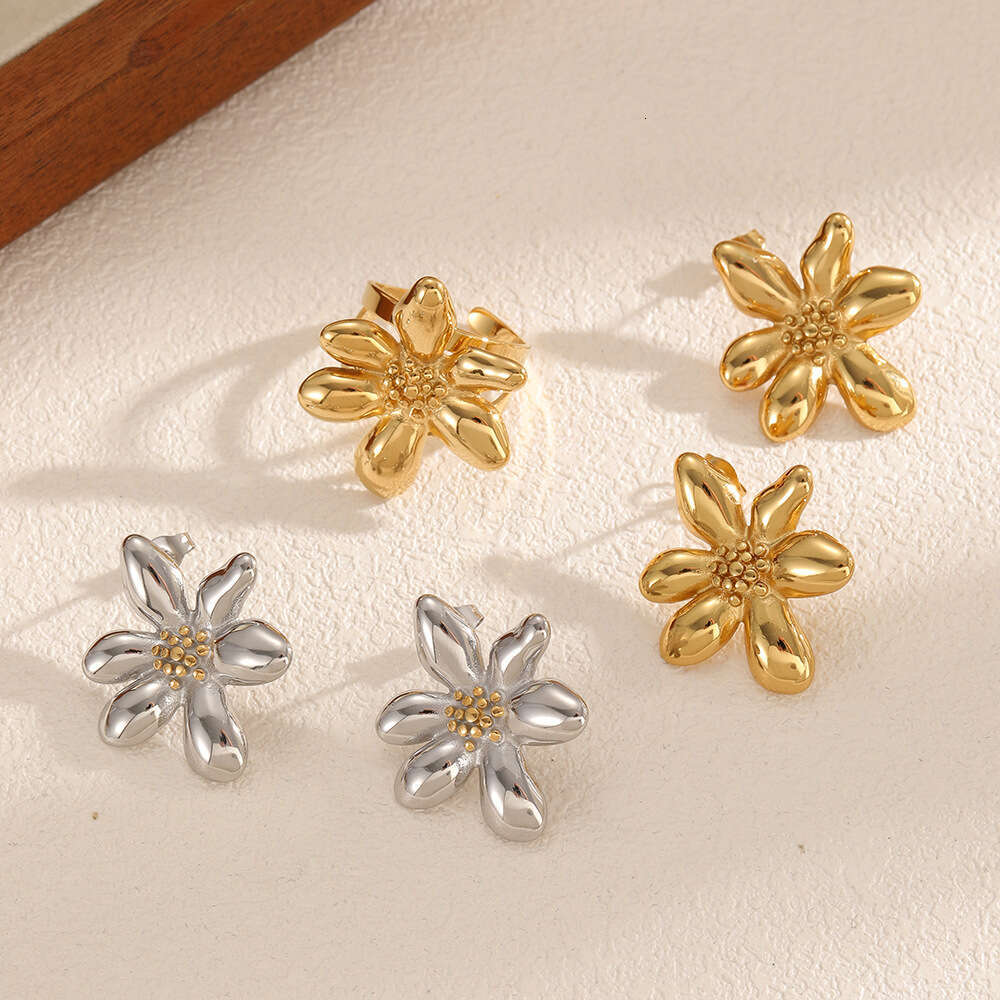 DHpet Irregular Flower Stainless Ring Jewelry Set for Women Personality Temperament Gold Titanium Steel Stud Earrings