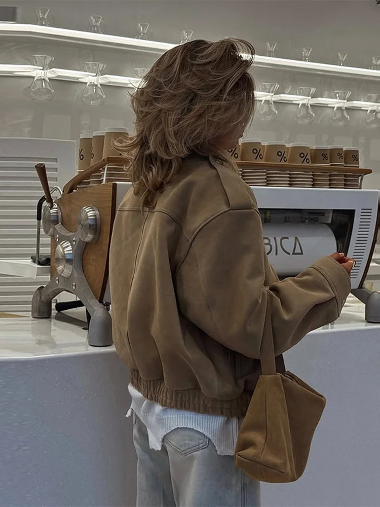 Thicken Suede Jacket Loose Lapel Long Sleeves Zipper Elastic Band Coats Female 2025 Autumn Chic Commute Solid Outwears 250905