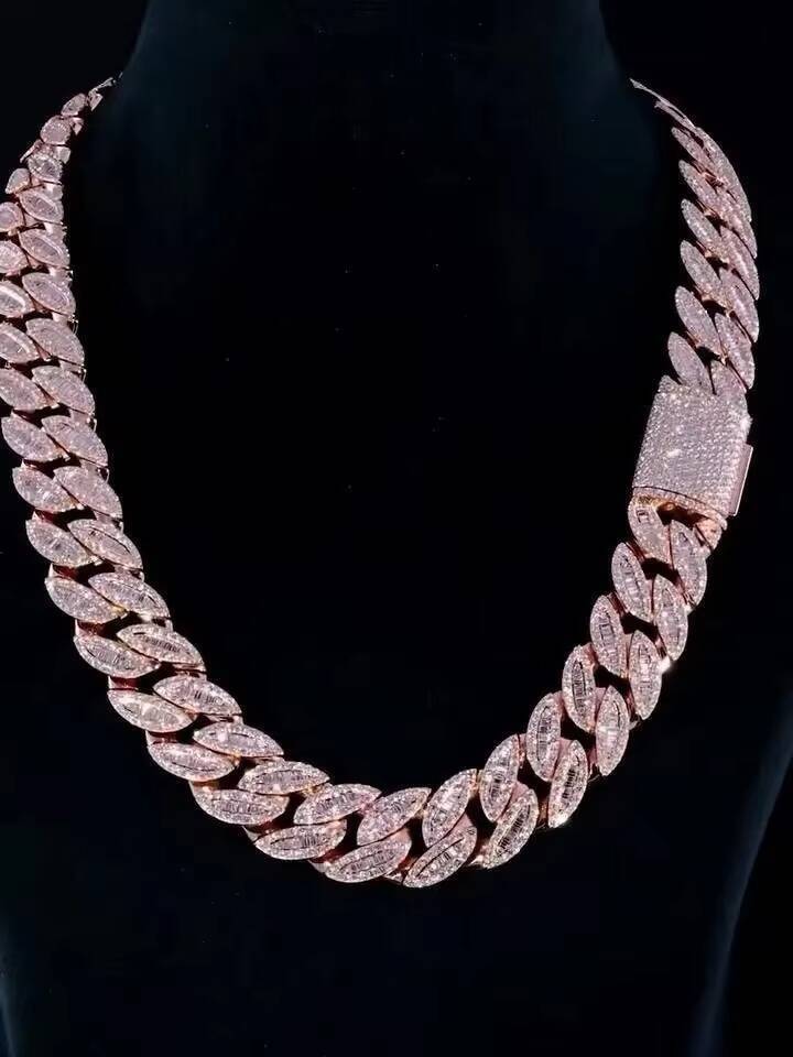 18mm VVS Moissanite Necklace with Cuban Link Chain Classic Iced Out Style Featuring Baguette Round Cut Passes Diamond Tester