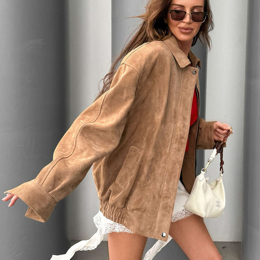 Autumn Winter New American Style Turn-Down Collar Suede Jacket With Design Sense, Elegant And Fashionable For Commuting B5