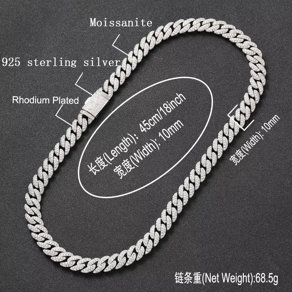 BES 10MM 925 Silver Moissanite Hot Sale Pass Diamond Tester Vvs Moissanite Jewelry Necklace Bracelet Women Cuban Link Chain