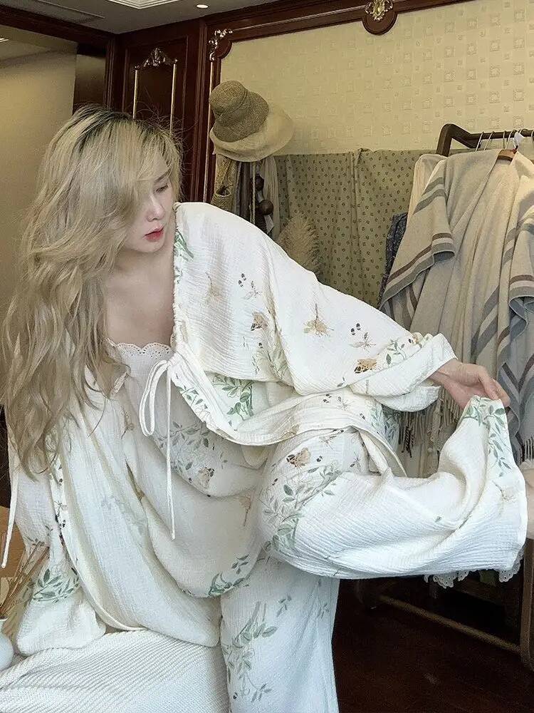 2025 New Spring and Autumn Women's Cotton design Pajama Set Printed Home Clothes Long Sleeve Spaggehtti Designer Strap Pants Home Clothes