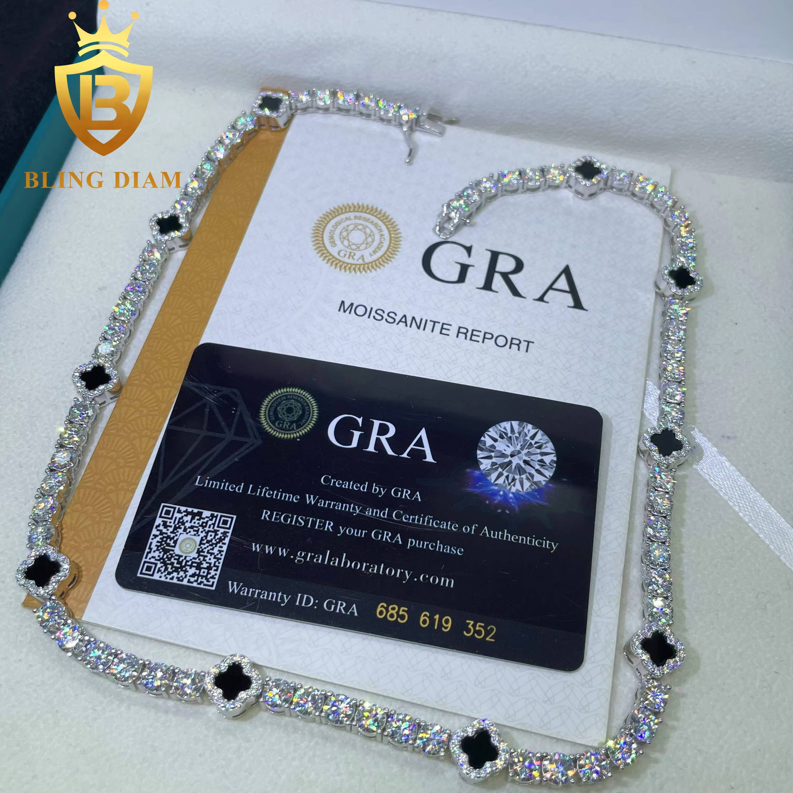 Factory Direct 3mm 5mm Fourleaf Clover 925 Silver Moissanite Diamond Tennis Necklace Design Fashion Tennis Jewelry Men Women