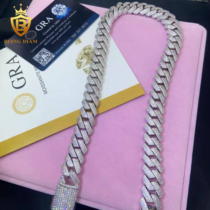 In Stock with GRA Hip Hop Style S925 Moissanite 15mm Cuban Chain Pass Diamond Tester Iced Out Moissanite Necklace Chain Silver