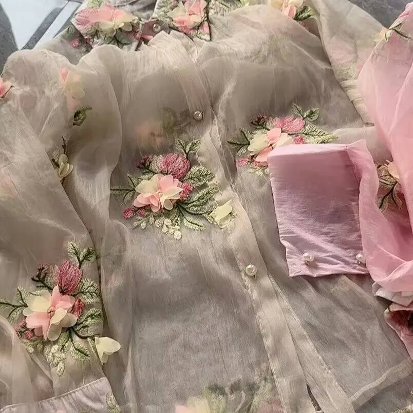2025 Spring New Perspective design Women's D-Flower Embroidered Chiffon Shirt Flower Mesh Shirt Mesh Cardigan Top Gauze Shorts Designer Set