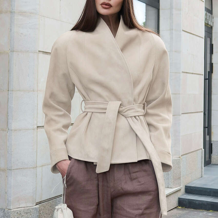 Autumn Winter New Wrap Belted Coat For Women With Design Sense, Elegant And Fashionable Suede Top B3