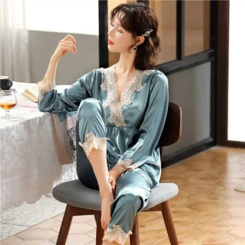 Girls faux ice silk pyjamas ladies longsleeved lace green premium feeling twopiece set of sweet loungewear love blue cloth Y250906
