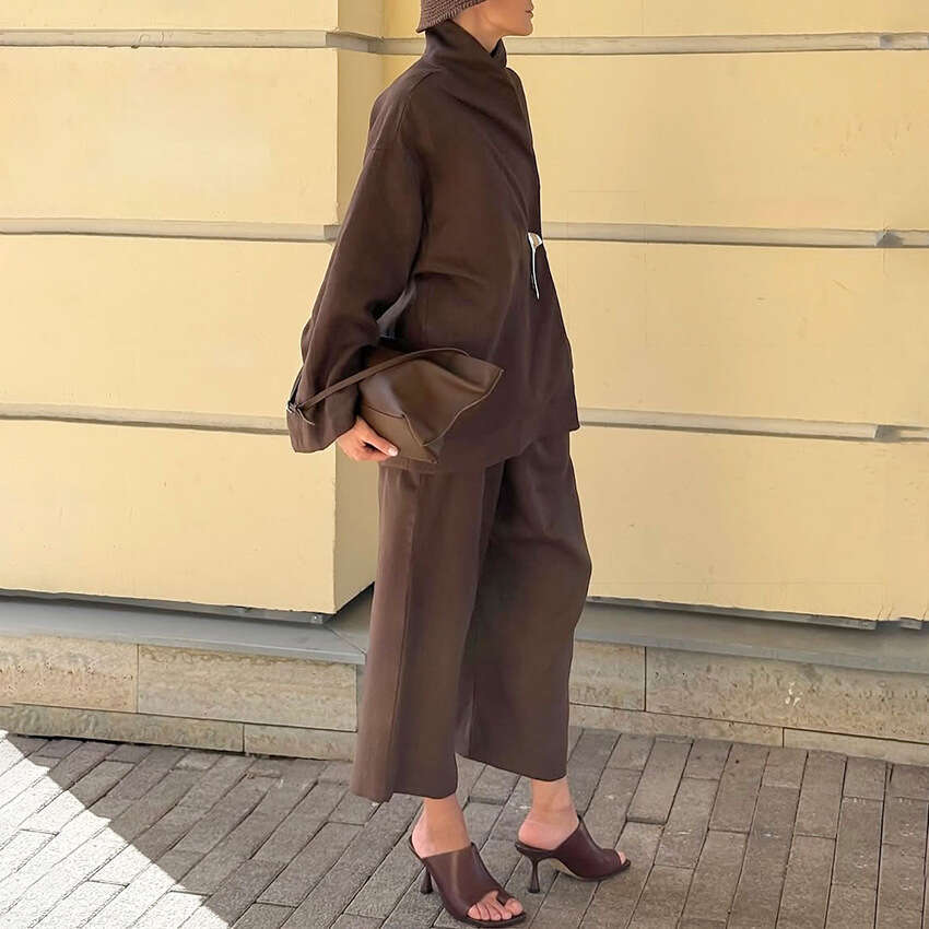 Autumn Winter New Cotton Linen Wrap Top Wide Leg Pants Set For Women Design Sense Elegant Casual Commuting B5